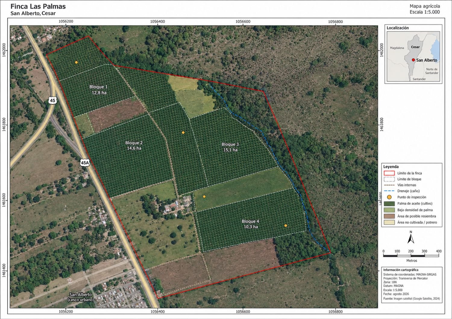Mapa agrícola de la finca Las Palmas en San Alberto, Cesar, a escala 1:5.000, con límite del predio, cuatro bloques con su área en hectáreas, vías internas, drenaje y puntos de inspección