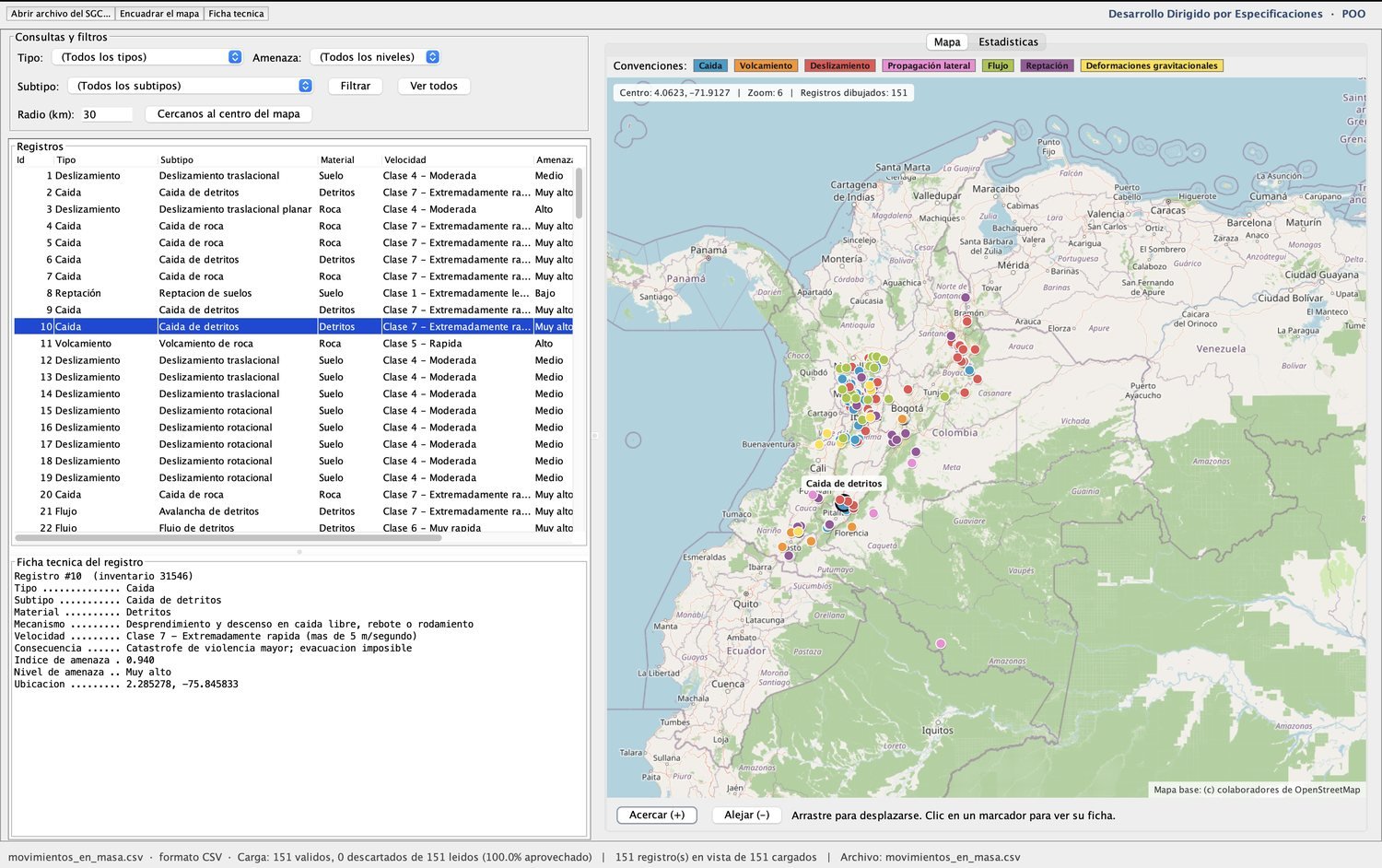 Sistema de consulta del inventario de movimientos en masa del SGC mostrando 151 registros sobre el mapa de Colombia clasificados por tipo